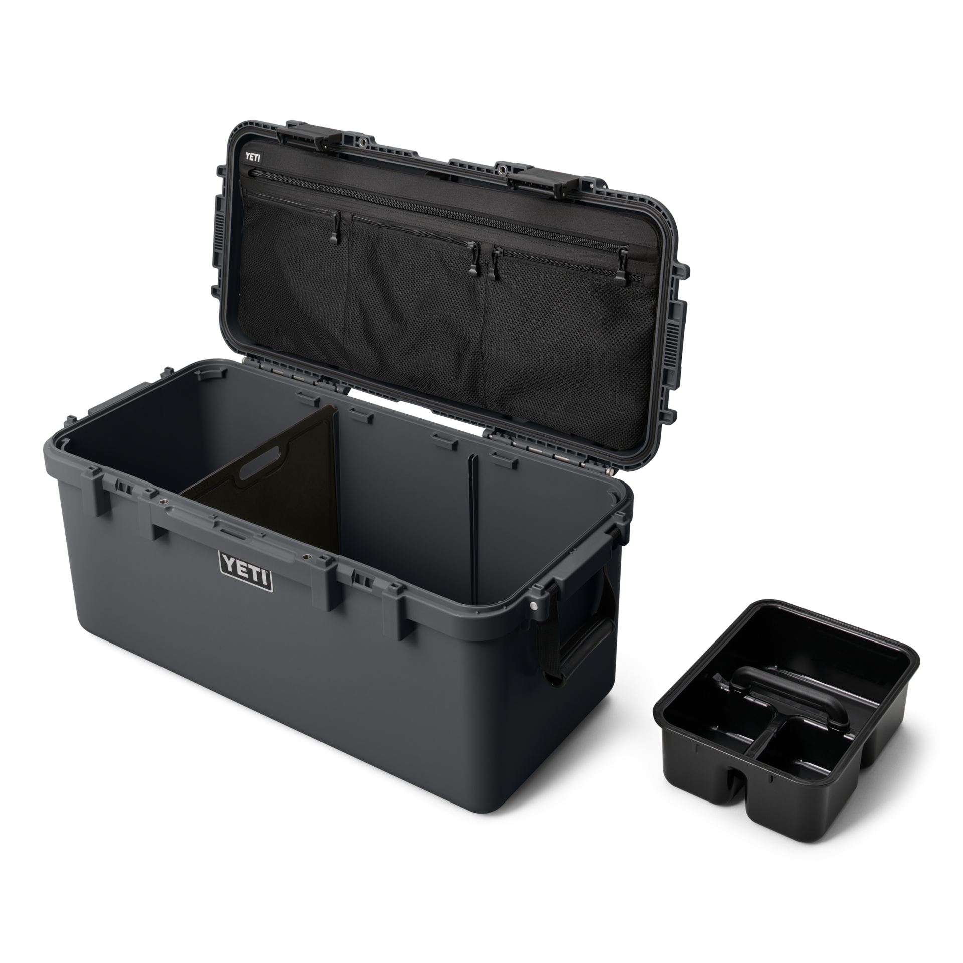 YETI LoadOut GoBox 60 Gear Case in Charcoal, open with lid organiser and caddy