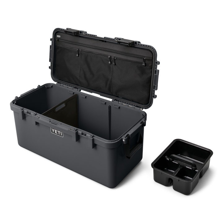 YETI LoadOut GoBox 60 Gear Case in Charcoal, open with lid organiser and caddy