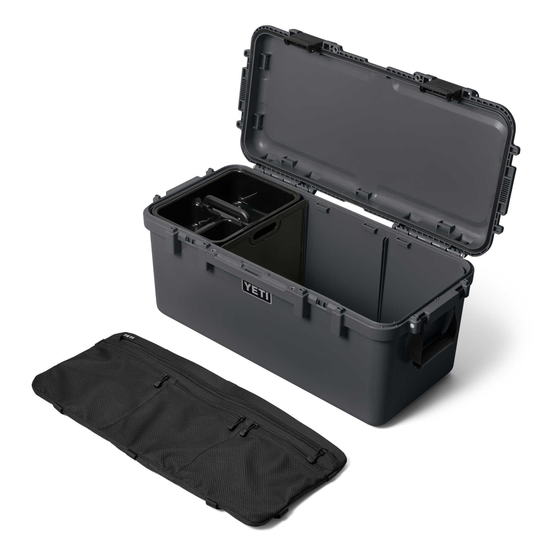 YETI LoadOut GoBox 60 Gear Case in Charcoal, open with caddy inside and lid organiser removed