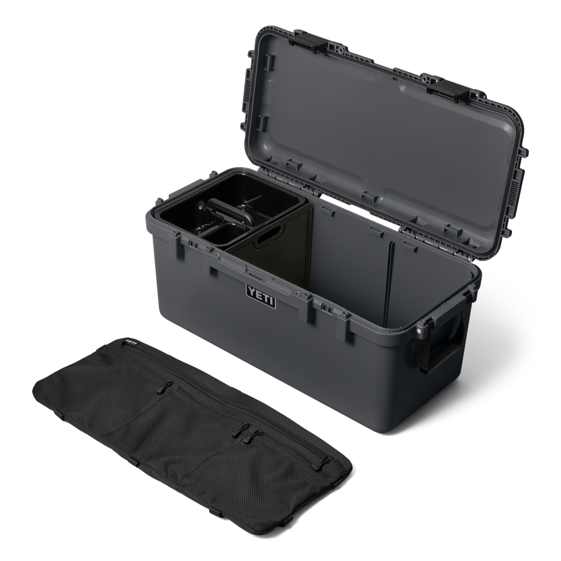 YETI LoadOut GoBox 60 Gear Case in Charcoal, open with caddy inside and lid organiser removed