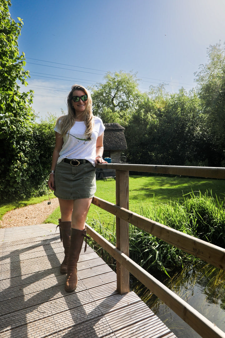 Mohican Mayfly Tee in White (WOMEN'S) - Collab with Marina Gibson & Clare Brownlow Pheasant Feather Art