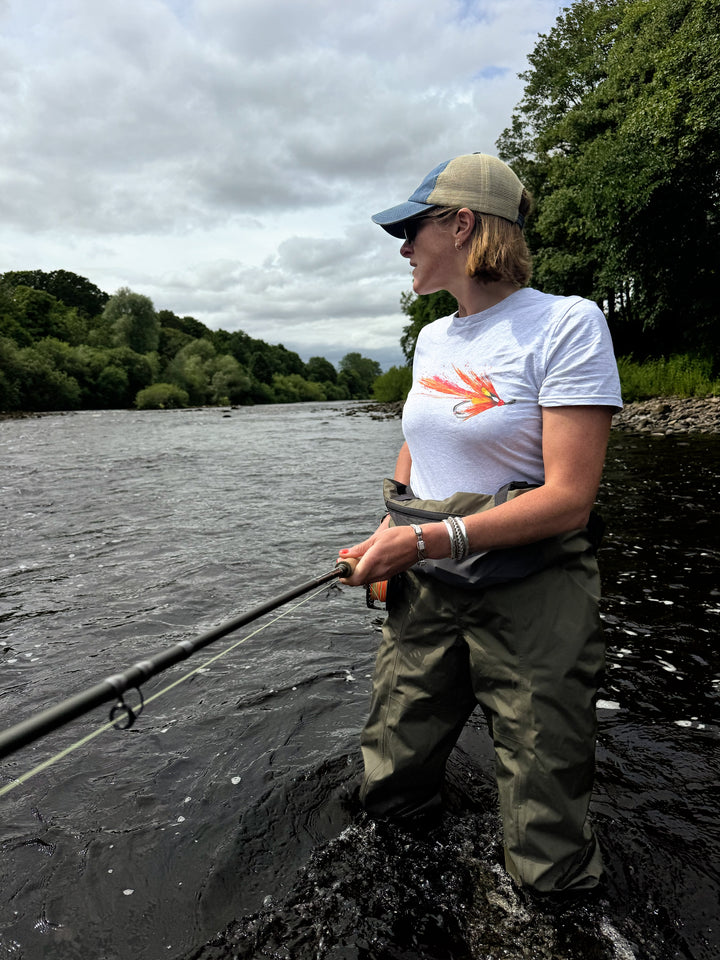 Calvin Shrimp Salmon Fly Tee in Heather Grey (UNISEX) - Collab with Marina Gibson & Clare Brownlow Pheasant Feather Art