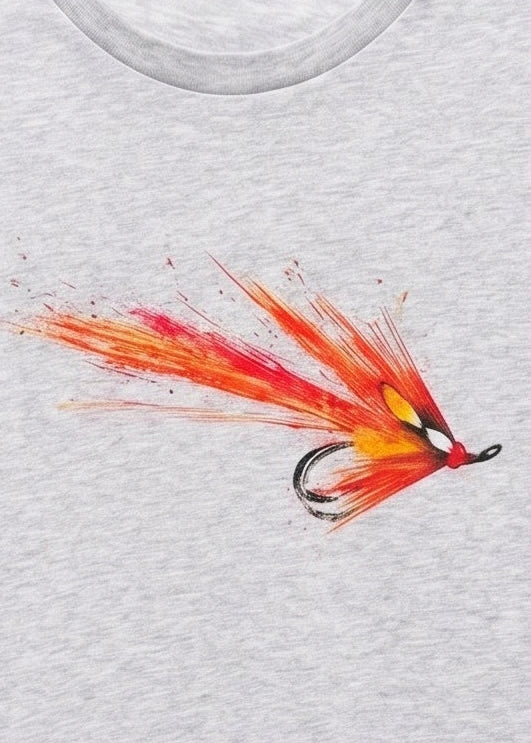 Calvin Shrimp Salmon Fly Tee in Heather Grey (UNISEX) By By The Northern Fishing Co. 3