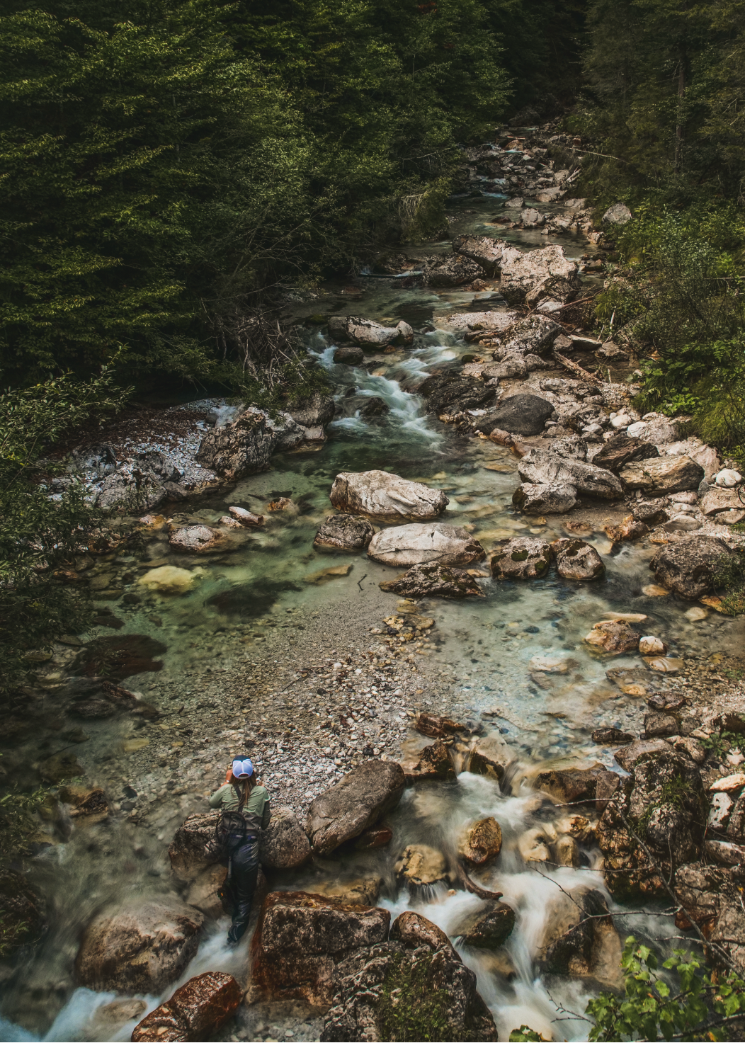 Stream flowing through a forest with rocks and greenery